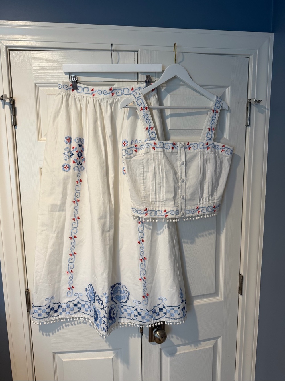 HUNTER BELL White Two-Piece Embroidered Emery Set with Blue Accents